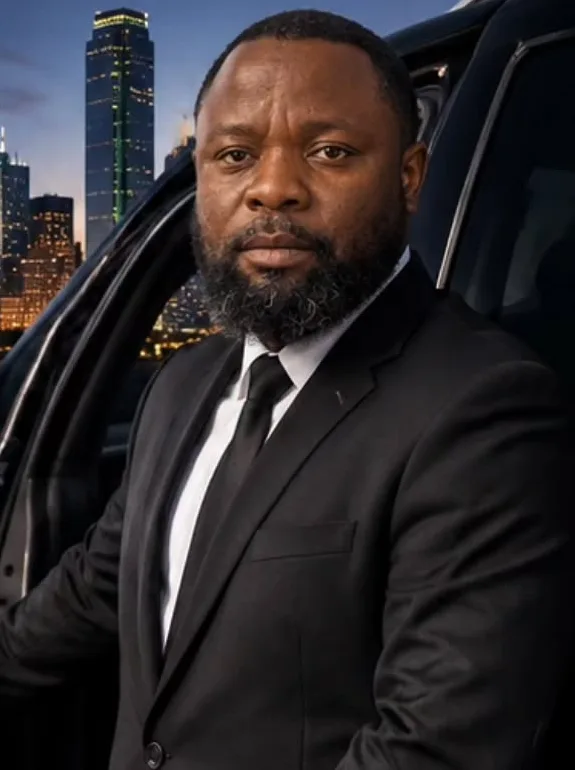 Russel Lutombo, owner and chauffeur of Ride Lutii, beside a black SUV